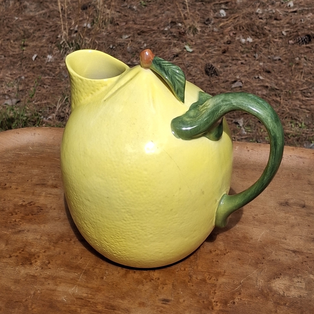 Vintage 1980's Yellow Ceramic Lemon Pitcher with Green Leaf Handle